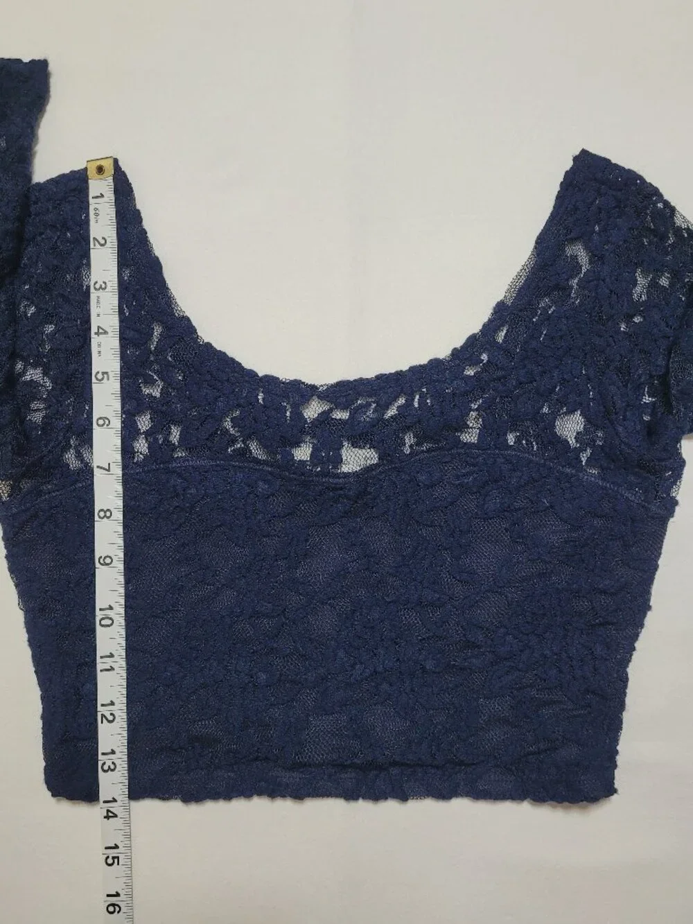 Abercrombie & Fitch Lace Crop Top 3/4 Sleeve Sheer Floral Mesh Blouse Navy Blue